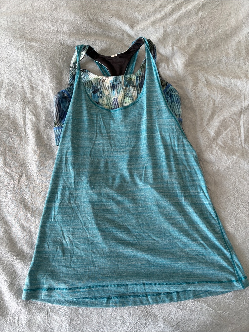 lululemon athletica Teal Striped Layered Racerback Tank with Patterned Shelf Bra